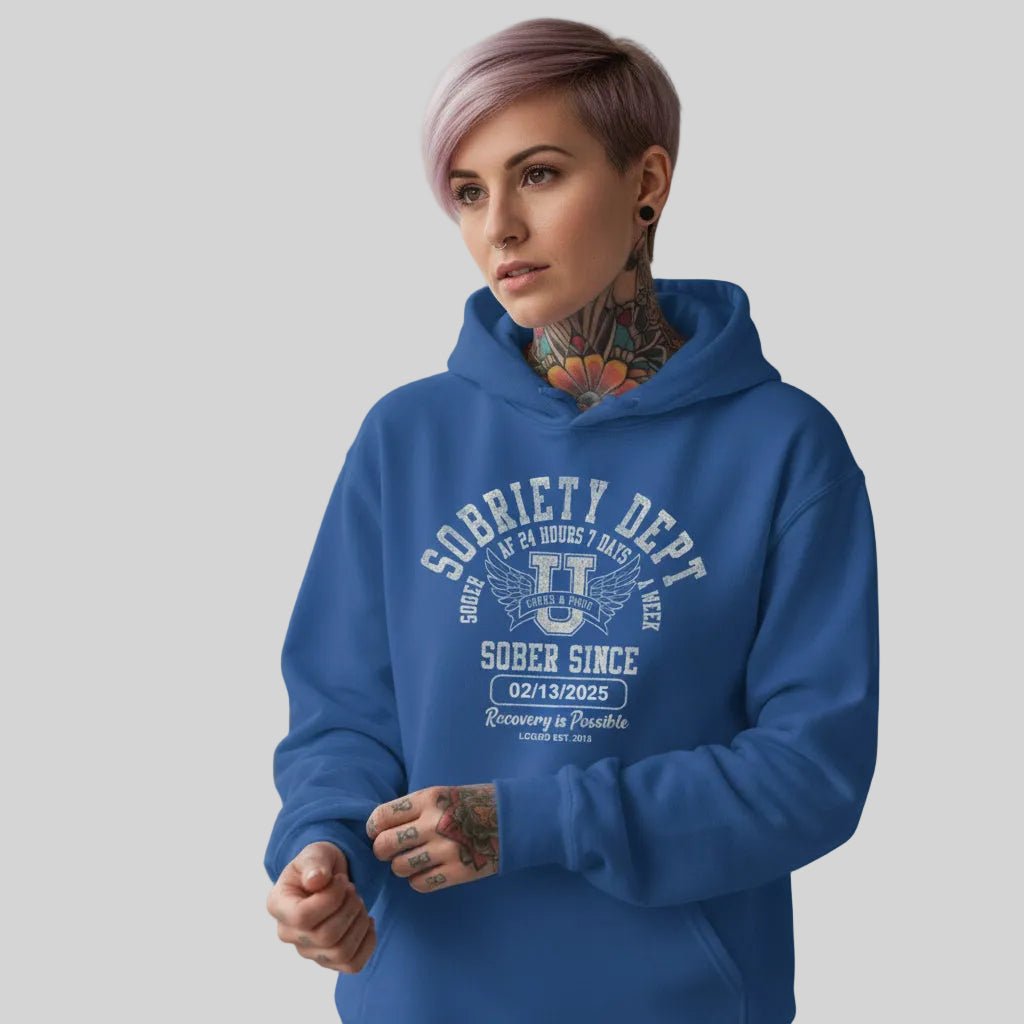 Recovery Hoodie | Sobriety Dept Sober AF 24/7 with Custom Sobriety Date