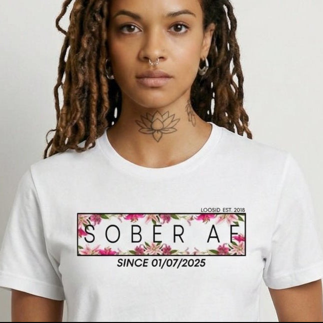 Sober T Shirt | Women’s Sober AF Tee with Custom Sobriety Date