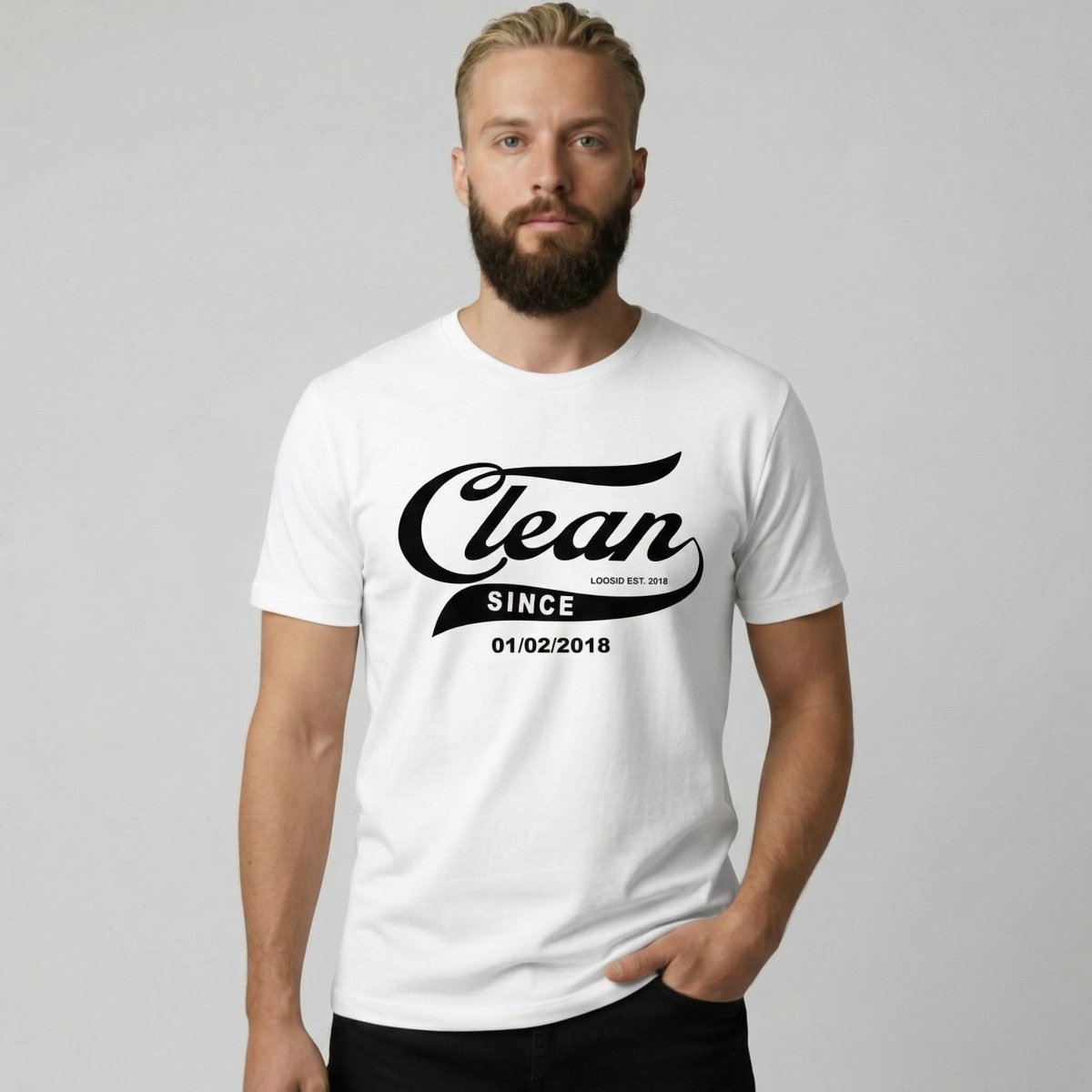 Clean Since Sober T Shirt flat lay styled image (view 13)