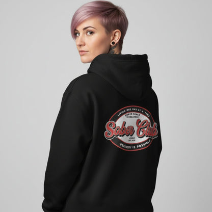 Sober Club Badge Left Chest Print Unisex Zip Hoodie with Custom Sobriety Date