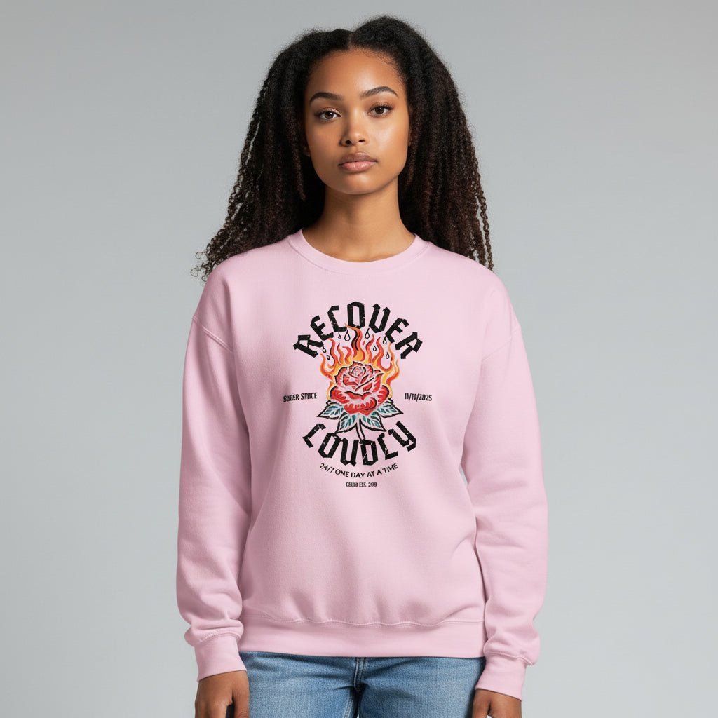 Recover Loudly Sweatshirt with Custom Sobriety Date