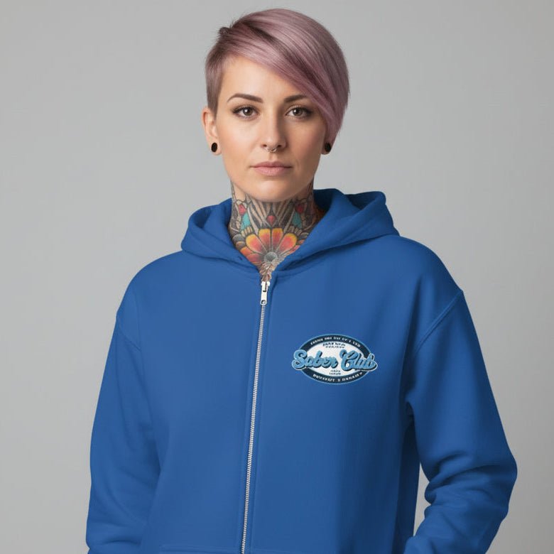 Sober Club Badge Left Chest Print Unisex Zip Hoodie with Custom Sobriety Date