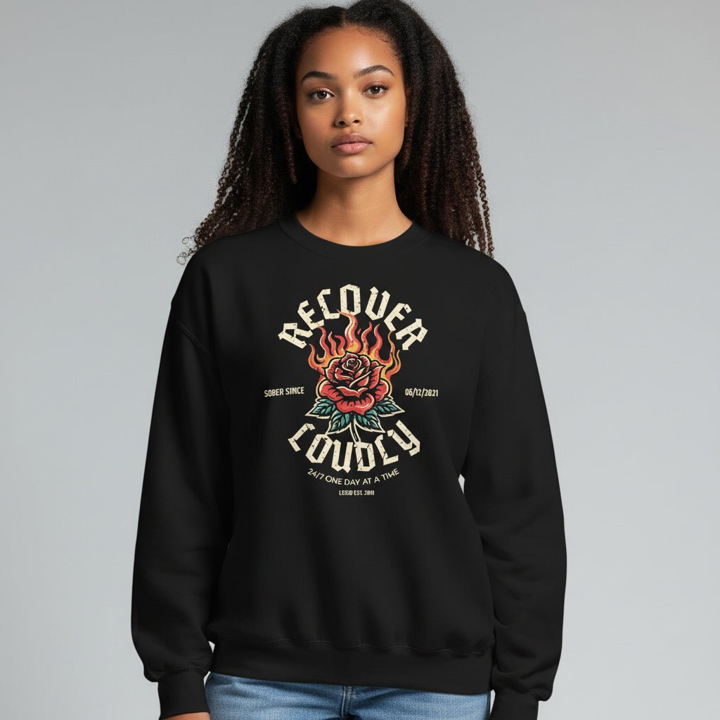 Recover Loudly Sweatshirt with Custom Sobriety Date