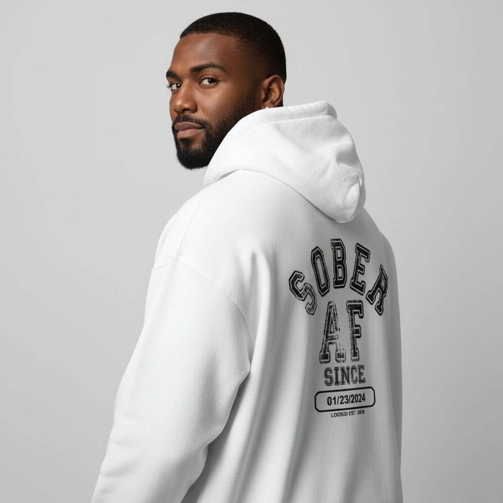Recovery Hoodie | Sober AF Since Zip Hoodie Front and Back Print with Custom Sobriety Date