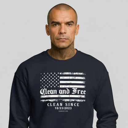 Navy Clean and Free sweatshirt on model, slight angle view showing recovery graphic