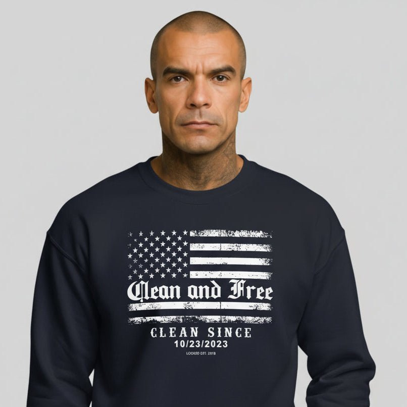 Navy Clean and Free sweatshirt on model, slight angle view showing recovery graphic