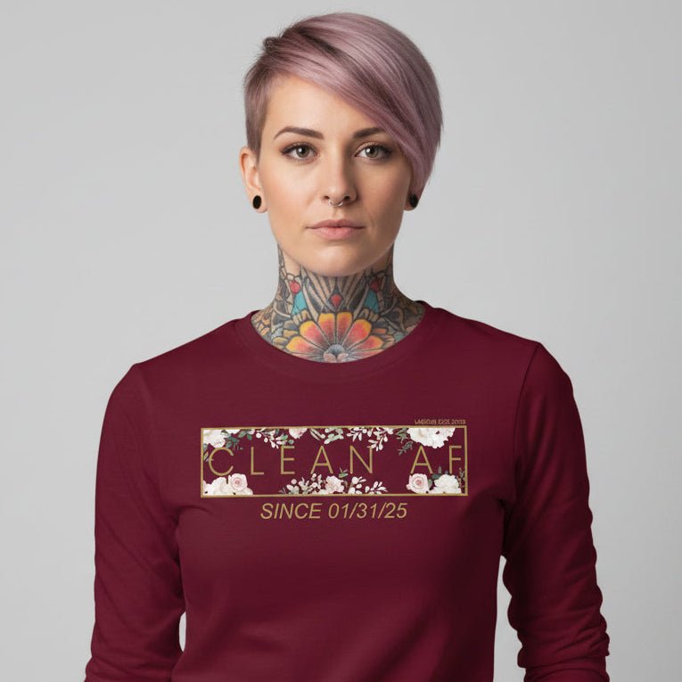 Clean AF Flower Long Sleeve Sober T Shirt flat lay styled image (view 13)