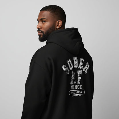Recovery Hoodie | Sober AF Since Zip Hoodie Front and Back Print with Custom Sobriety Date