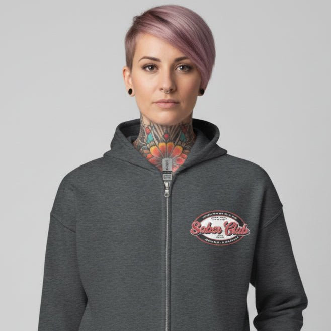Sober Club Badge Left Chest Print Unisex Zip Hoodie with Custom Sobriety Date
