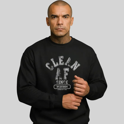 Men's black Loosid personalized sobriety gift crewneck with Clean AF Since bold Recovery sweater design — Loosid
