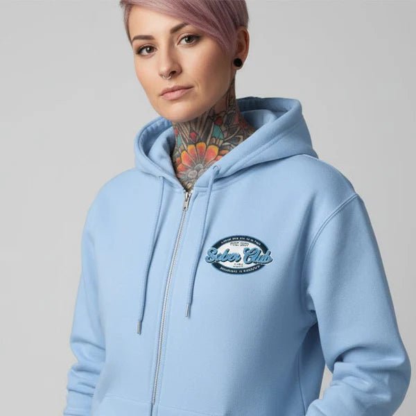 Sober Club Badge Left Chest Print Unisex Zip Hoodie with Custom Sobriety Date