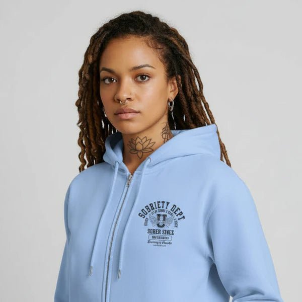 Sobriety Dept Zip Recovery Hoodie close-up view (view 12)
