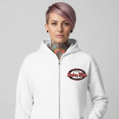 Sober Club Badge Left Chest Print Unisex Zip Hoodie with Custom Sobriety Date