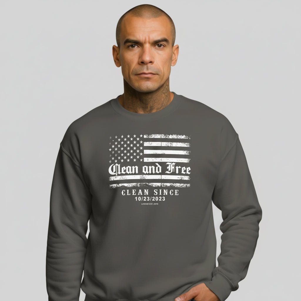Charcoal Clean and Free recovery sweatshirt, model view showing full design