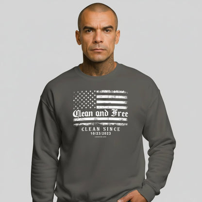 Charcoal Clean and Free recovery sweatshirt, model view showing full design