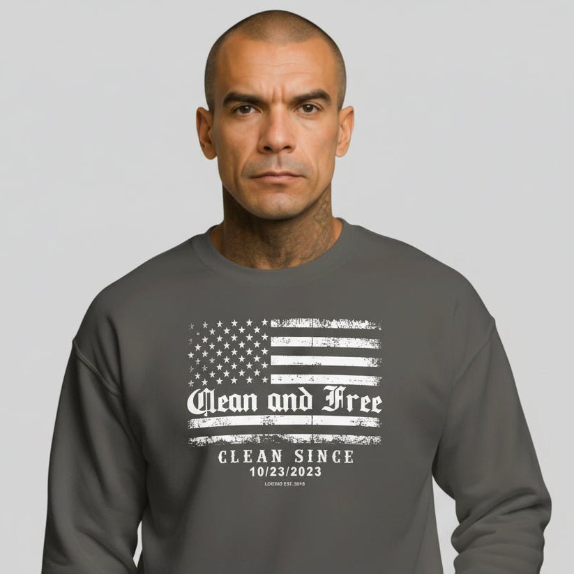 Gray sobriety sweatshirt with American flag graphic, personalized sobriety gift option