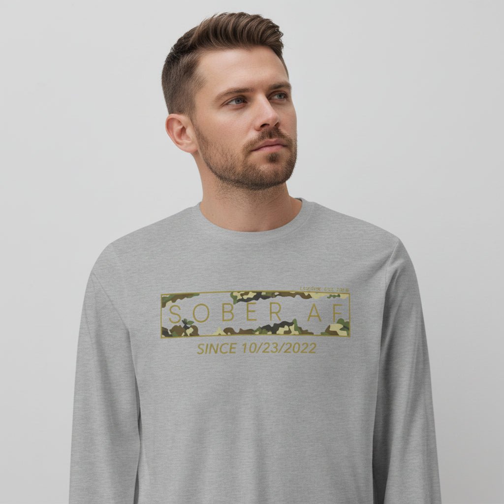 Men's Sober AF Camo Long Sleeve T-shirt with Custom Sobriety Date