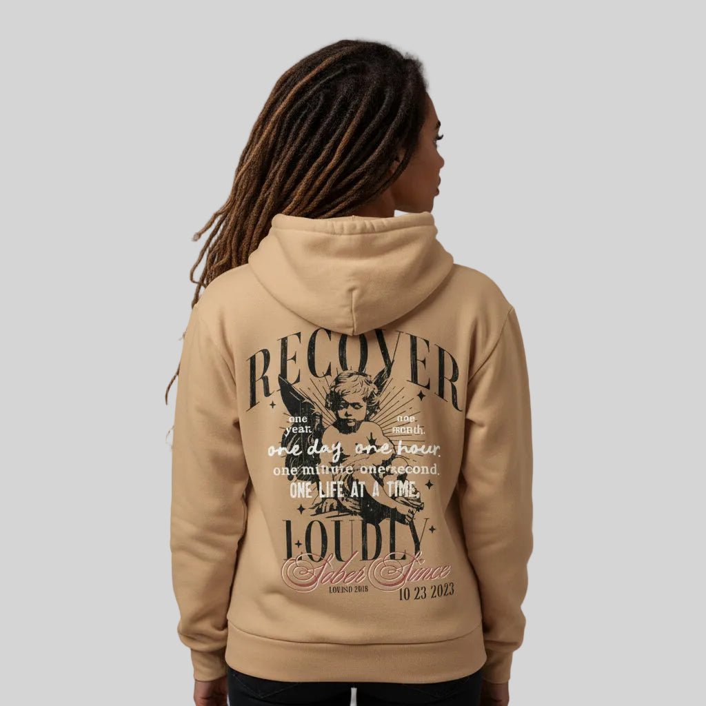 Tan Recover Loudly | Front & Back Print Sober Hoodie Limited Edition