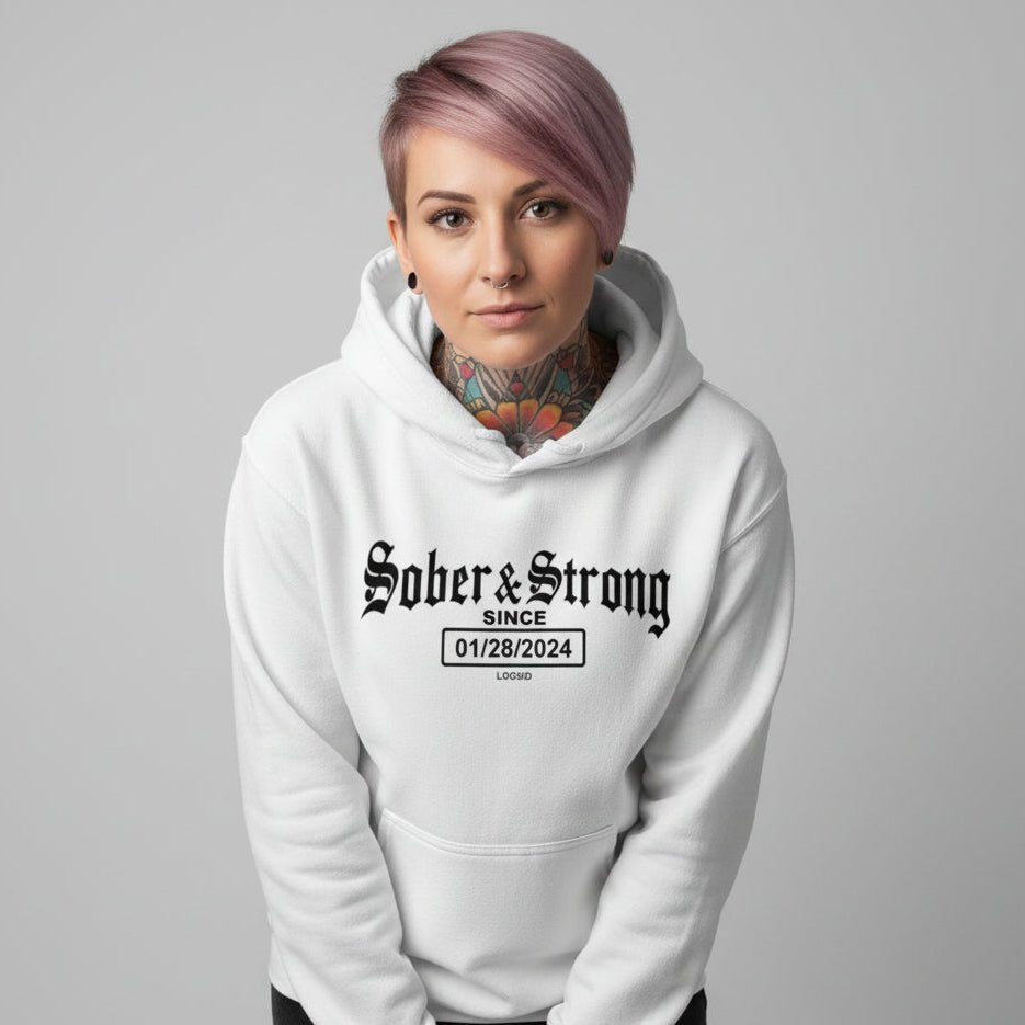 Recovery Hoodie | Women’s Old School Sober & Strong Hoodie with Custom Date
