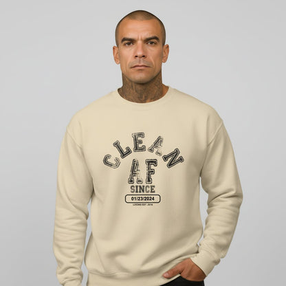 Loosid gray personalized Recovery sweater featuring Clean AF Since collegiate sober clothing crewneck — Loosid