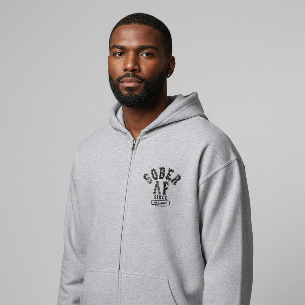 Recovery Hoodie | Sober AF Since Zip Hoodie Front and Back Print with Custom Sobriety Date
