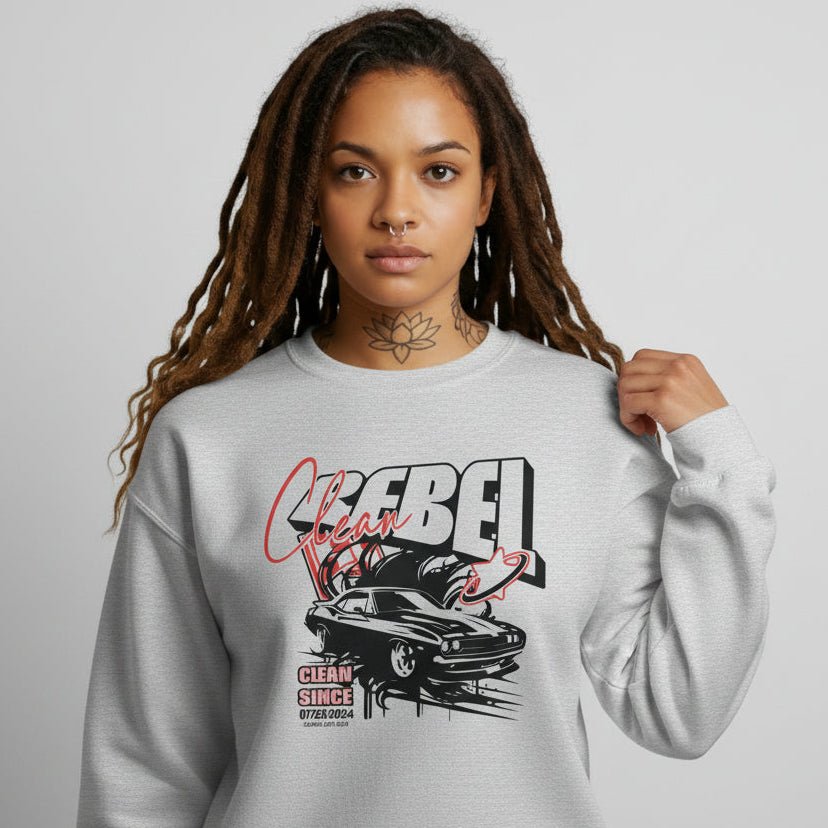 Flat lay of Loosid sand-toned Clean Rebel personalized sobriety sweatshirt with Recovery date graphic — Loosid