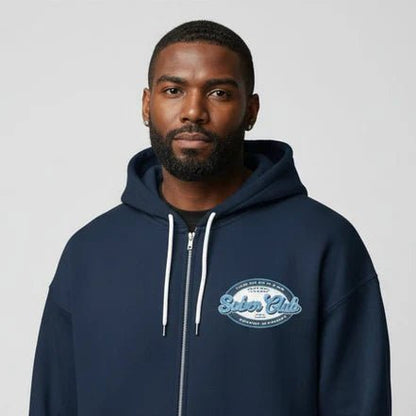Sober Club Badge Left Chest Print Unisex Zip Hoodie with Custom Sobriety Date