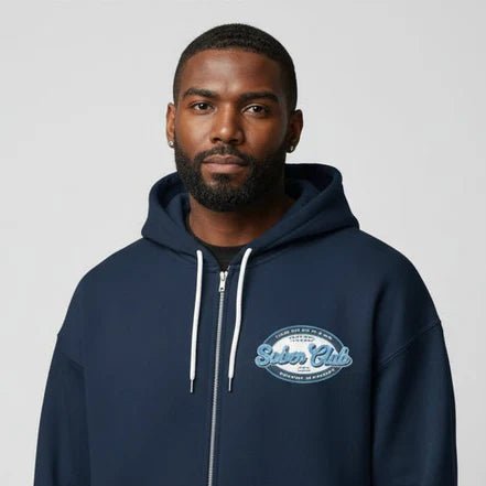 Sober Club Badge Left Chest Print Unisex Zip Hoodie with Custom Sobriety Date