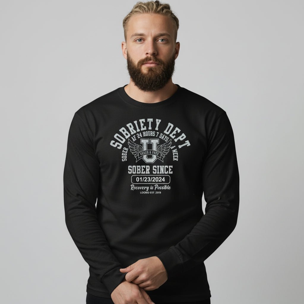 Men's Sobriety Dept Sober AF 24/7 Long Sleeve T-shirt with Custom Sobriety Date