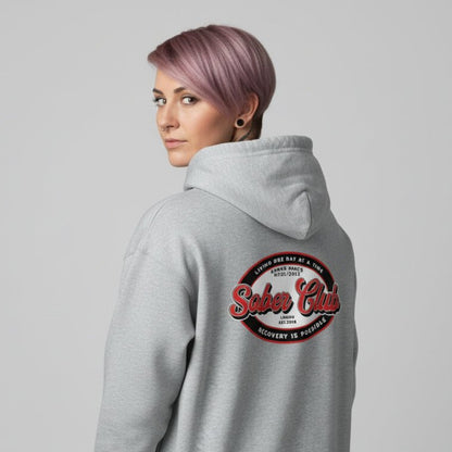 Sober Club Badge Left Chest Print Unisex Zip Hoodie with Custom Sobriety Date