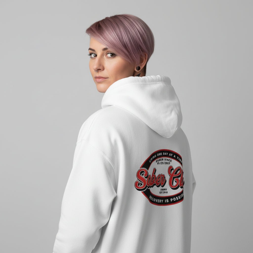 Sober Club Badge Left Chest Print Unisex Zip Hoodie with Custom Sobriety Date