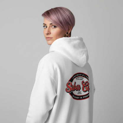 Sober Club Badge Left Chest Print Unisex Zip Hoodie with Custom Sobriety Date