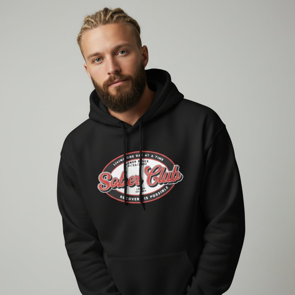 Sober Club Badge Unisex Hoodie with Custom Sobriety Date