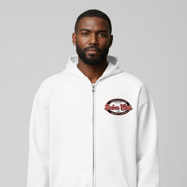 Sober Club Badge Unisex Zip Hoodie Front and Back Print Hoodie with Custom Sobriety Date (Front & Back)