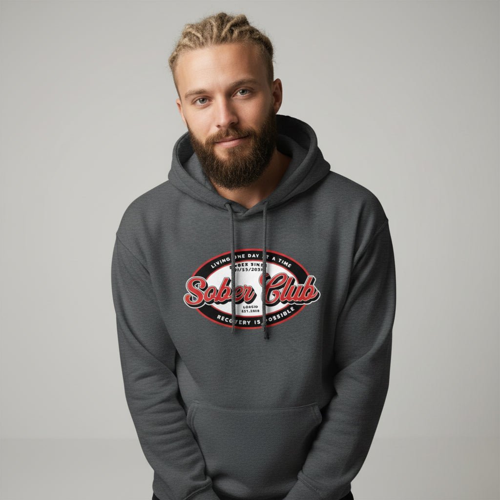 Sober Club Badge Unisex Hoodie with Custom Sobriety Date