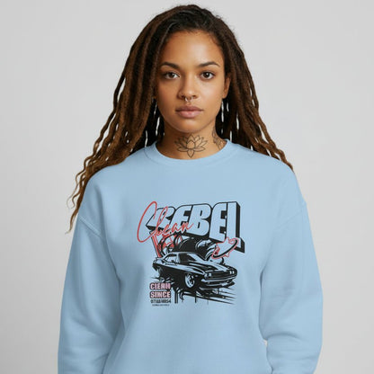 Loosid light blue personalized sobriety sweatshirt featuring Clean Rebel sober merchandise graphic — Loosid