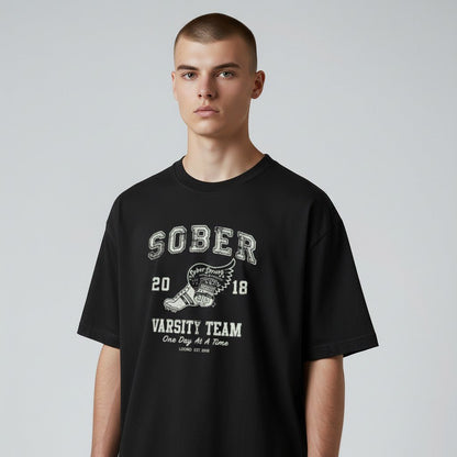 Flat lay of the Sober Varsity Sober T Shirt, a meaningful Sober Shirt