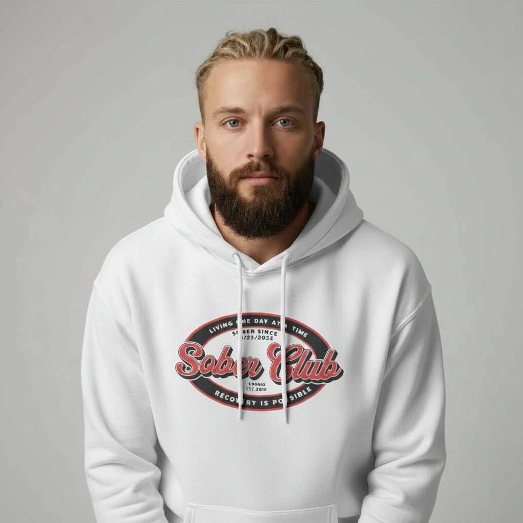 Sober Club Badge Unisex Hoodie with Custom Sobriety Date