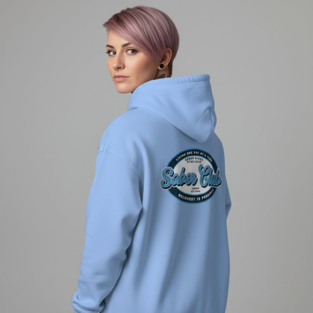 Sober Club Badge Left Chest Print Unisex Zip Hoodie with Custom Sobriety Date