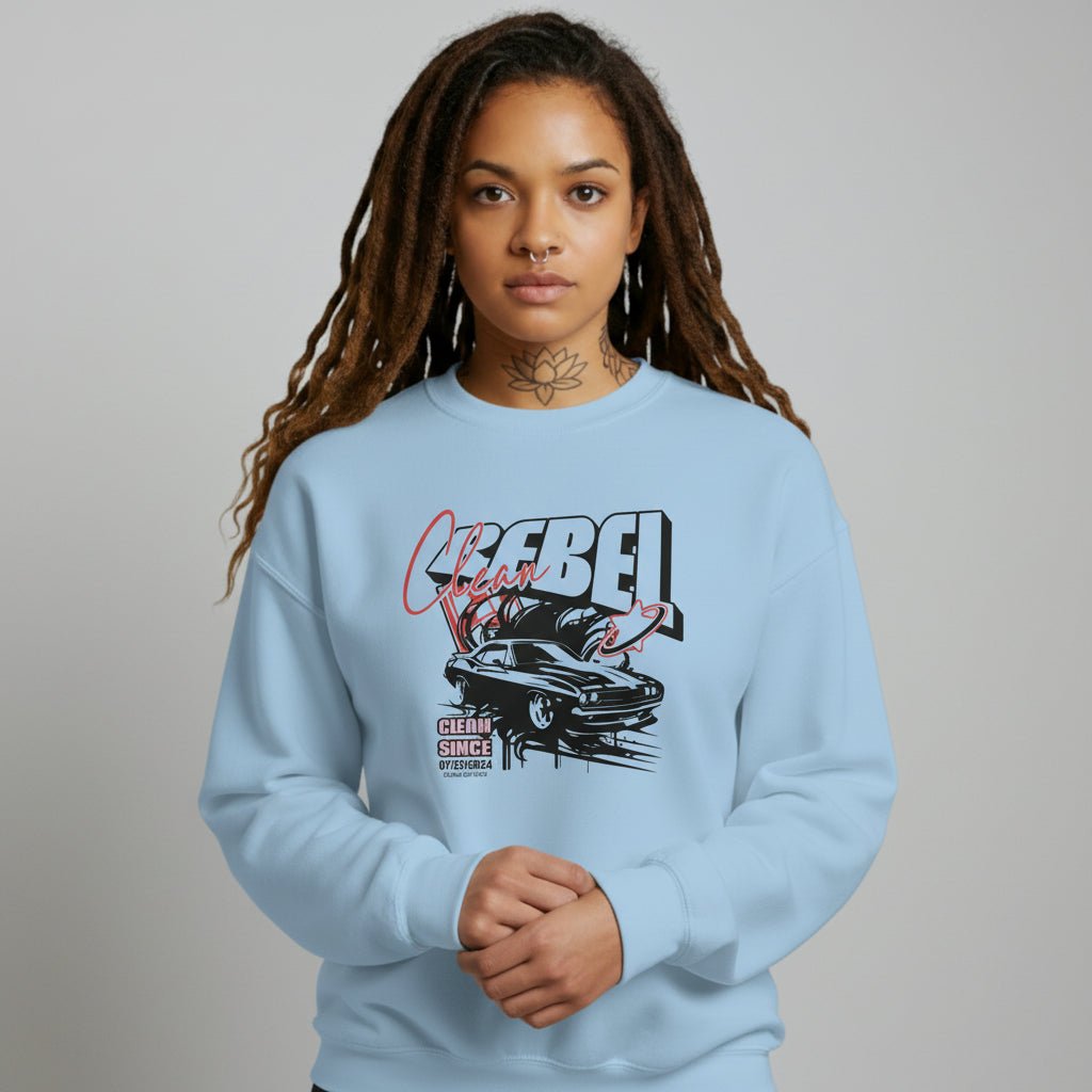 Flat lay of Loosid light blue Clean Rebel sober clothing crewneck with personalized Recovery milestone — Loosid