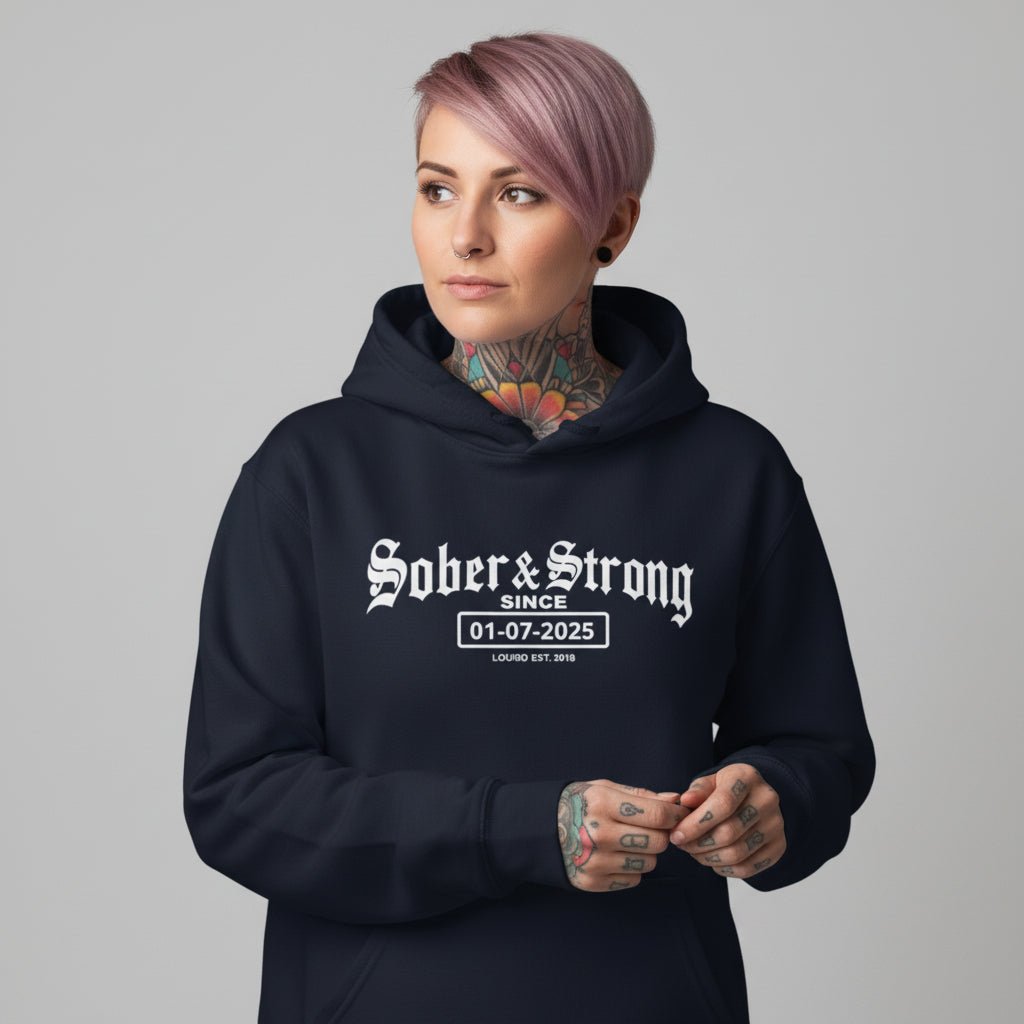 Recovery Hoodie | Women’s Old School Sober & Strong Hoodie with Custom Date