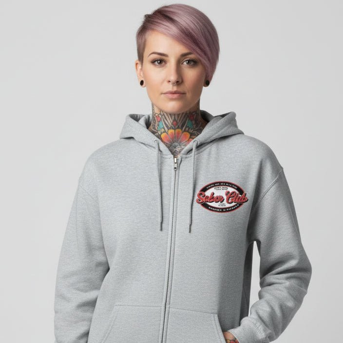 Sober Club Badge Left Chest Print Unisex Zip Hoodie with Custom Sobriety Date