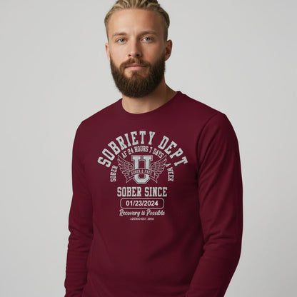 Men's Sobriety Dept Sober AF 24/7 Long Sleeve T-shirt with Custom Sobriety Date