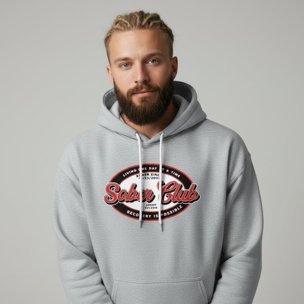 Sober Club Badge Unisex Hoodie with Custom Sobriety Date