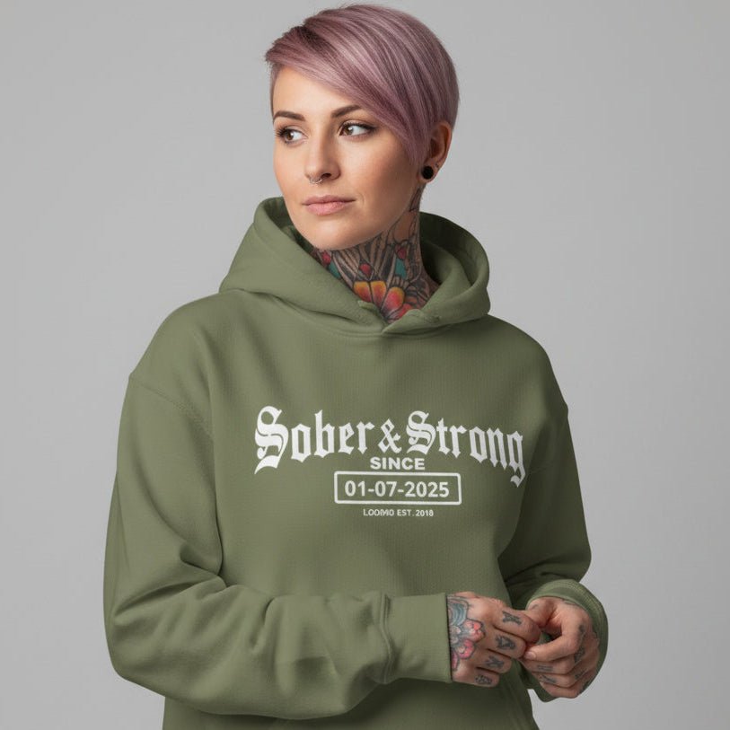 Recovery Hoodie | Women’s Old School Sober & Strong Hoodie with Custom Date