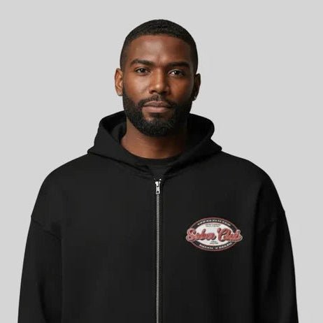 Sober Club Badge Left Chest Print Unisex Zip Hoodie with Custom Sobriety Date
