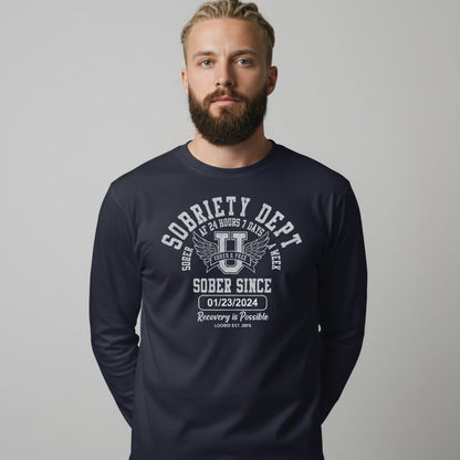 Men's Sobriety Dept Sober AF 24/7 Long Sleeve T-shirt with Custom Sobriety Date