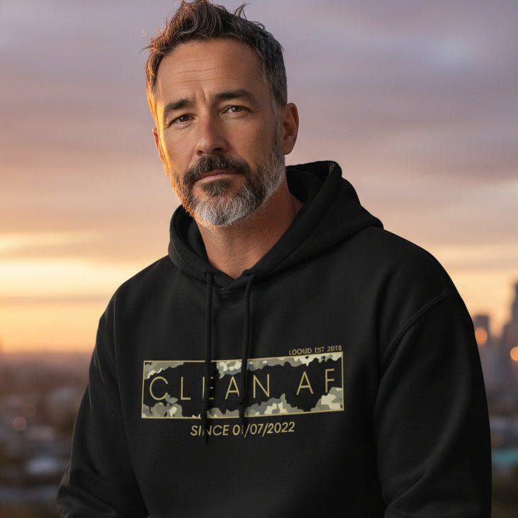 Recovery Hoodie | Men's Clean AF Camo Hoodie with Custom Clean Date