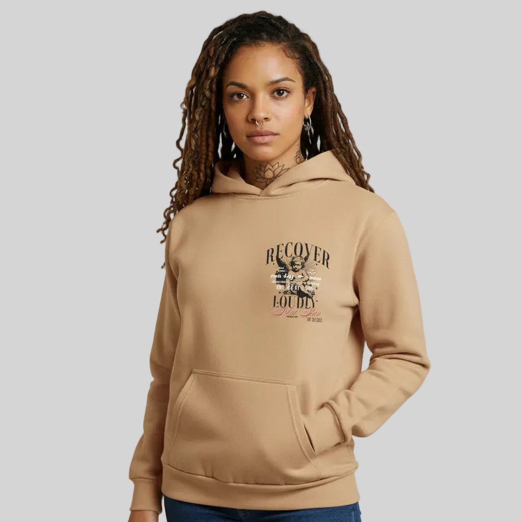 Tan Recover Loudly | Front & Back Print Sober Hoodie Limited Edition