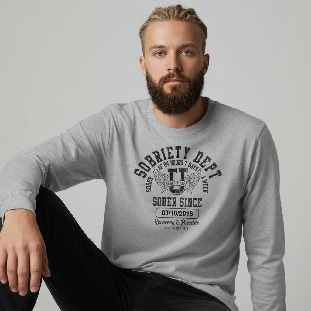 Men's Sobriety Dept Sober AF 24/7 Long Sleeve T-shirt with Custom Sobriety Date